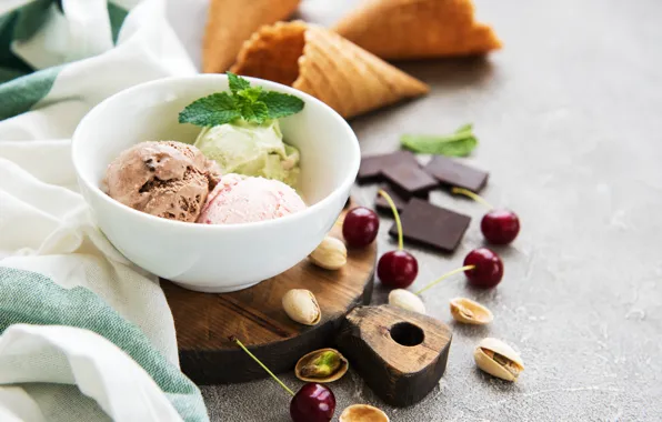 Cherry, ball, ice cream, nuts, dessert, cuts, waffle cone, Olena Rudo