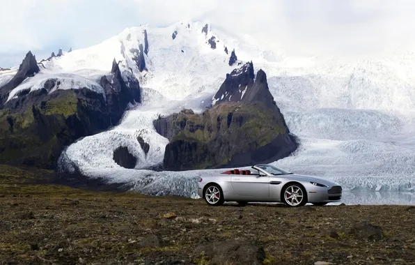 Snow, mountains, Aston Martin, Roadster, Vantage, glacier, supercar, Roadster