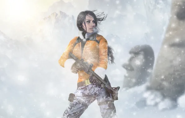 Winter, girl, snow, mountains, the wind, lara croft, tomb raider, shotgun