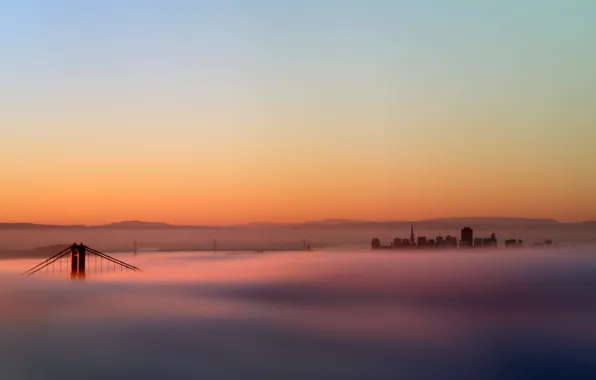 Picture landscape, sunset, bridge, fog