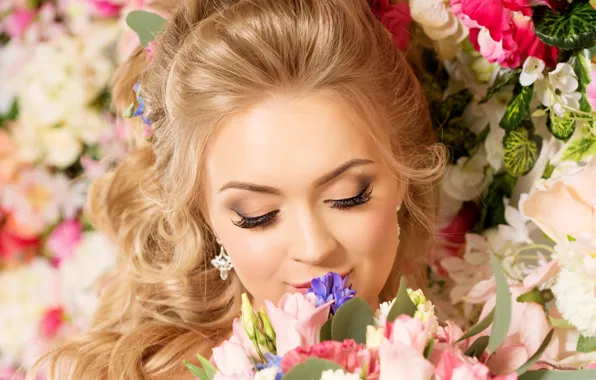 Picture flowers, face, eyelashes, background, bouquet, makeup, hairstyle, blonde