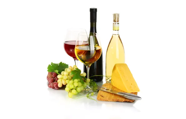 Picture wine, red, white, cheese, glasses, grapes, bottle