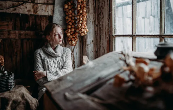 Picture girl, portrait, colors, bow, the barn, blonde, beautiful, mood