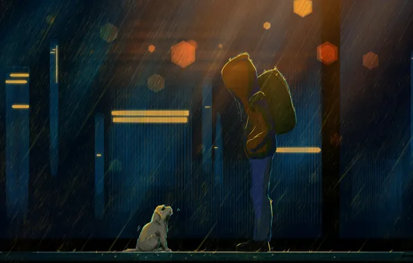 Night, Dog, Boy, People, Rain, Puppy, Fantasy, Art