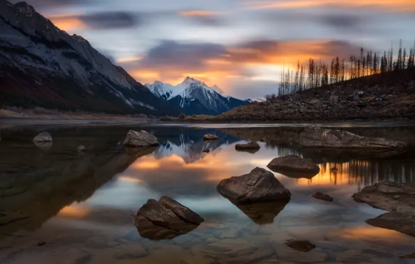The sky, water, mountains, stones, rocks