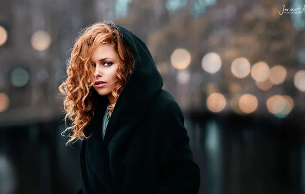 Lights, glare, background, model, portrait, makeup, hairstyle, hood