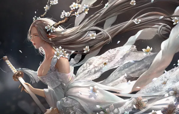 Flowers, Girl, Blonde, Branches, Style, Girl, Sword, Dress