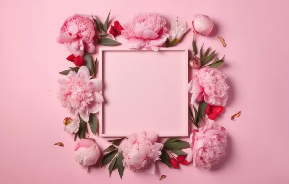 Flowers, holiday, bouquet, frame, pink, pink background, square, peonies