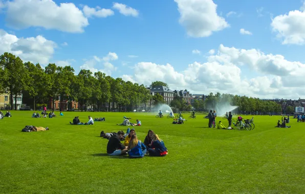 The sky, grass, clouds, bike, the city, people, lawn, Amsterdam