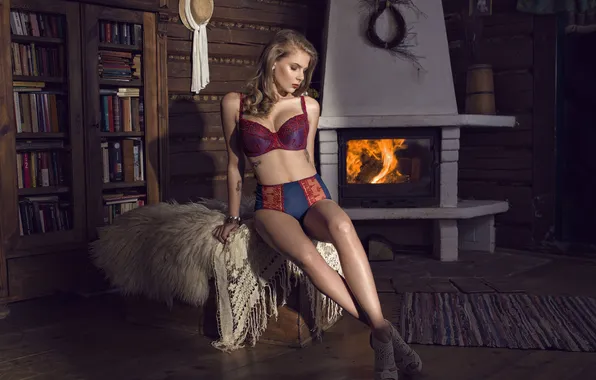 Girl, model, books, tattoo, fur, linen, fireplace, hut