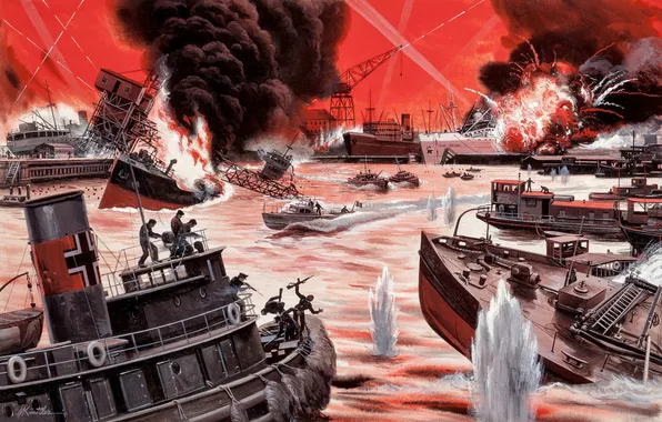 Fire, smoke, explosions, ships, port, the battle, Mort Künstler