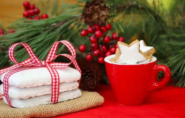 Picture winter, branch, New Year, cookies, Christmas, Cup, Christmas, red