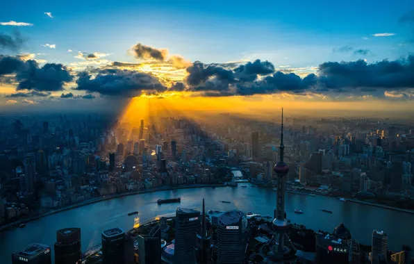 The sky, the sun, clouds, rays, light, sunset, the city, river