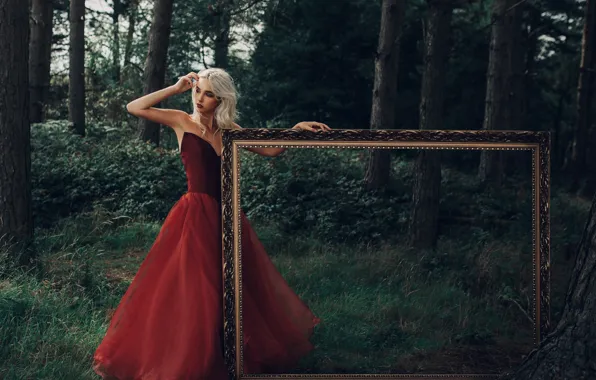 Forest, girl, mood, frame, red dress
