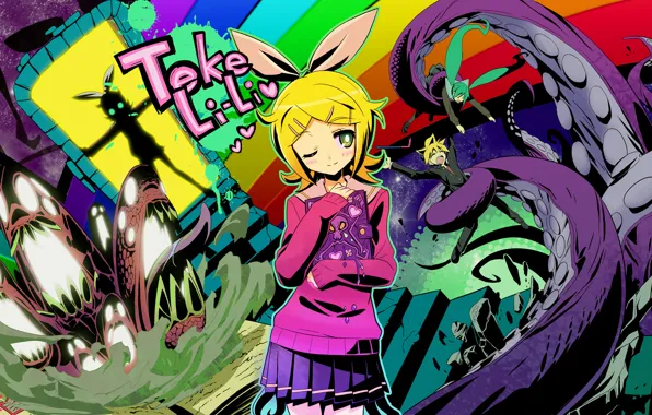 Girl, skull, Notepad, guy, vocaloid, bow, Vocaloid, Miku