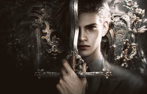 Picture face, sword, art, hairstyle, costume, male