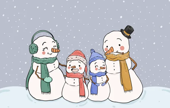 Winter, snow, children, graphics, hat, headphones, scarf, family