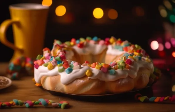 Lights, table, Board, Christmas, candy, pie, Cup, New year