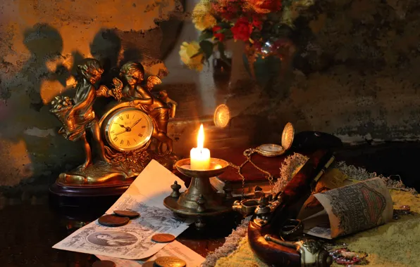 Gun, watch, candle, money, coins, Still life with handgun and money