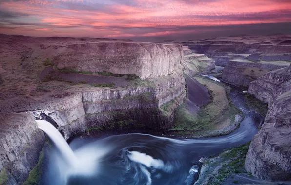 The sky, waterfall, canyon, pink
