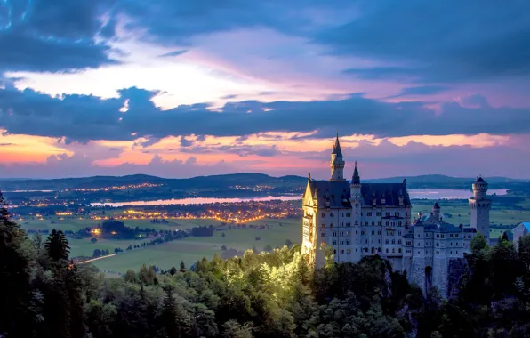 Sunset, castle, Germany, valley, Bayern, panorama, Germany, Bavaria