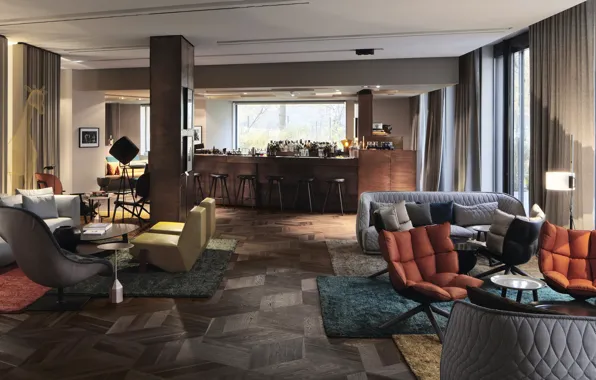 Interior, club, bar, Berlin, area, The Stue Hotel, by Patricia Urquiol Interior