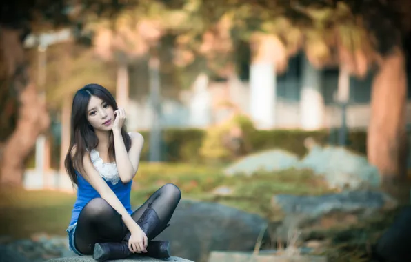 Summer, girl, the city, Chinese, Asian, beautiful, sitting