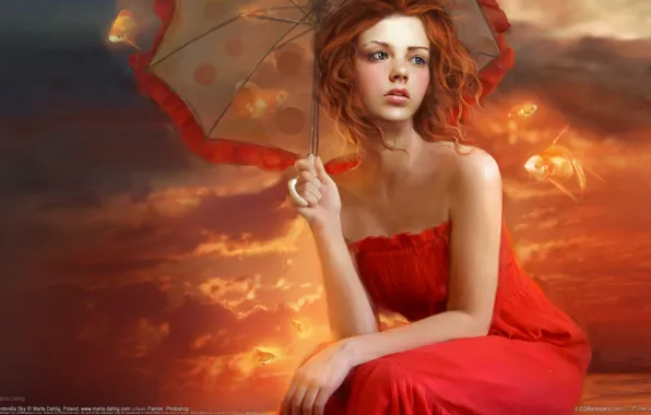 Picture girl, fish, fiction, figure, umbrella, in red