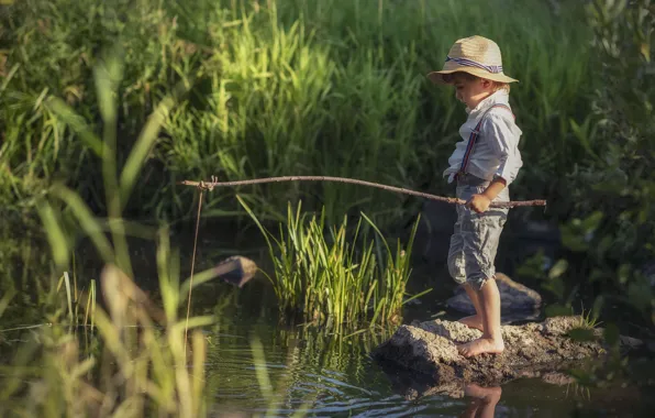 Picture grass, nature, stone, fisherman, boy, child, pond, rod