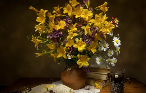 Flowers, tea, Lily, books, chamomile, bouquet, glasses, book