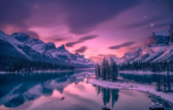 Reflection, Mountains, Night, Lake, Forest, Stars, Glow, Kayak