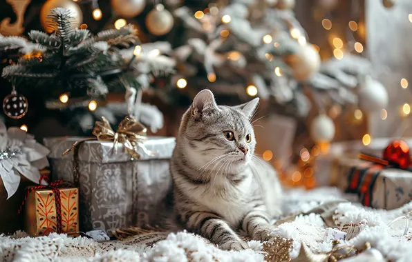 Cat, look, balls, lights, pose, kitty, grey, Christmas