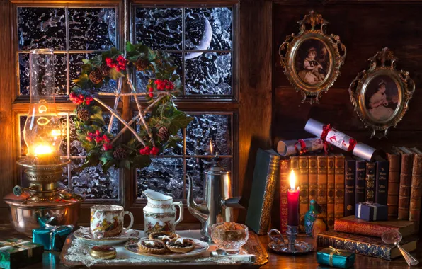 Books, lamp, portrait, candle, cookies, window, gifts, wreath