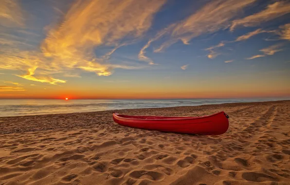 Picture sand, sunset, traces, coast, boat, Greece, Zacharo
