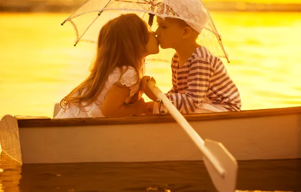 Children, river, boat, kiss, umbrella, pair, friends, umbrella