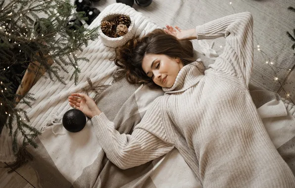 Girl, balls, pose, balls, hands, New year, tree, closed eyes