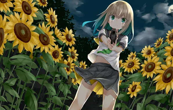 Picture girl, sunflowers, night, gun, tears, anime, art