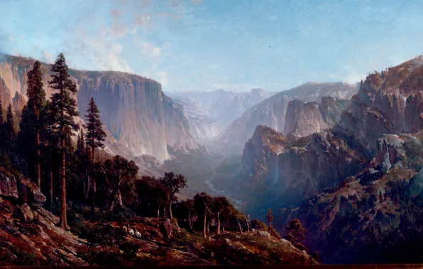 Picture, painting, painting, Three tourists on horseback in the Yosemite Valley