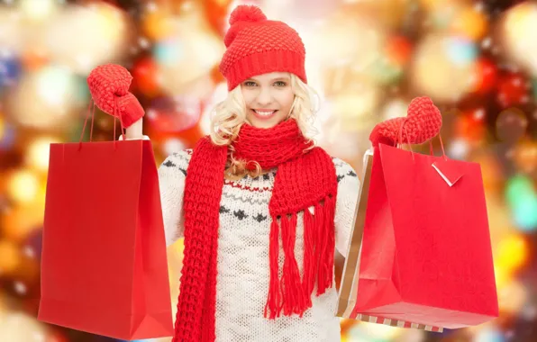 Picture winter, Girl, package, shopping, discounts, sales