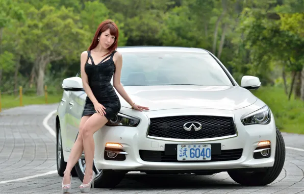 Picture look, Girls, Asian, beautiful girl, white car, posing on the car, INFINITI Q50