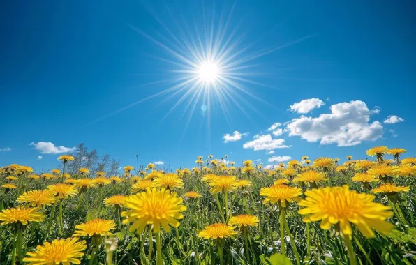 Field, summer, the sun, clouds, rays, light, flowers, nature