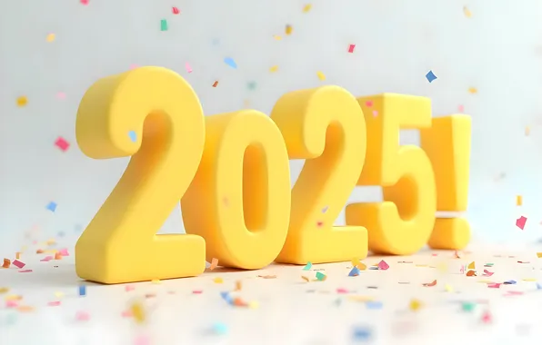 Yellow, figures, New year, the exclamation point, light background, date, confetti, 2025