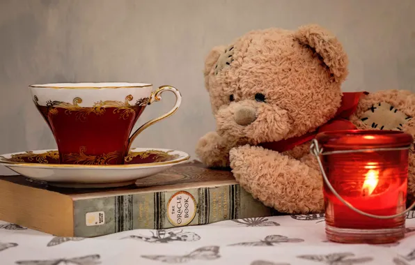 Picture toy, candle, bear, mug, Cup, book, saucer, Teddy bear