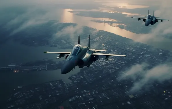 The city, River, Aircraft, Flight, Two, Fighters, Digital art, AI art