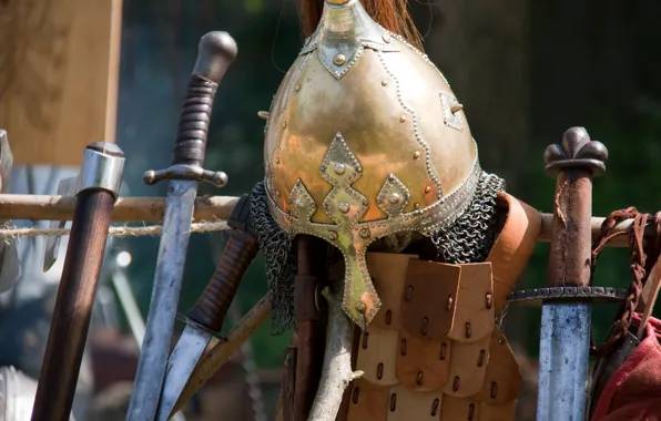 Picture weapons, armor, helmet, swords