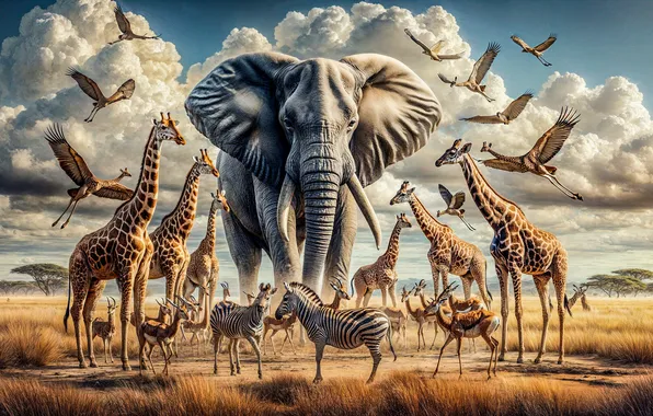 Picture Zebra, Africa, Elephant, Giraffes, Creative, Animals, Antelope, Digital art