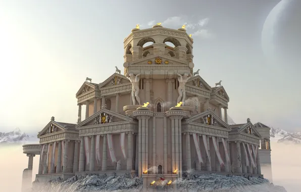 Fire, warrior, architecture, statues, Guardian of the dawn