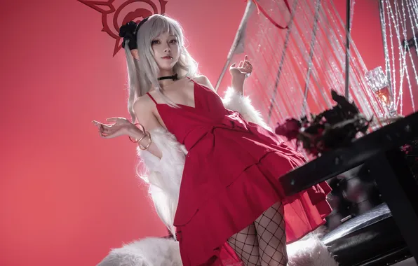 Red dress, white hair, indoors, fishnet, looking at viewer, Vector Fish (cosplayer), Asagi Mutsuki (Blue …