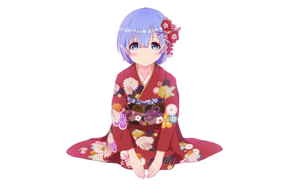White, girl, background, kimono, yukata, anime, barrette, art