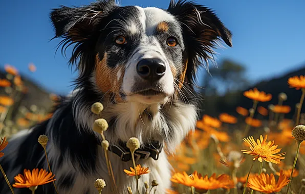 Picture Flowers, Dog, Look, Face, Australian shepherd, Digital art, AI art, The Art of Artificial Intelligence